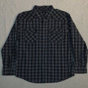 Montage Collection Size XL Pearl Snap Plaid Shirt Black Gray Blue Green Western